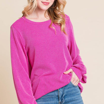 BOMBOM Long Sleeve Curved Hem Ribbed T-Shirt - MimiStylez