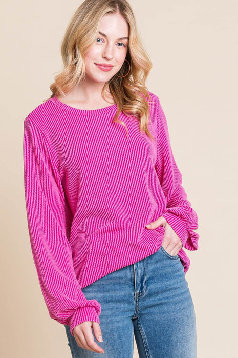 BOMBOM Long Sleeve Curved Hem Ribbed T-Shirt - MimiStylez
