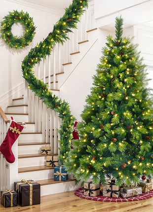 6FT Pre Lit Pine Christmas Tree With Pine Cones, Includes Pre Lit Garland and Wreath - 3PC Set