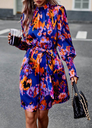Printed Tie Waist Mock Neck Lantern Sleeve Dress - MimiStylez