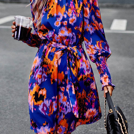 Printed Tie Waist Mock Neck Lantern Sleeve Dress - MimiStylez
