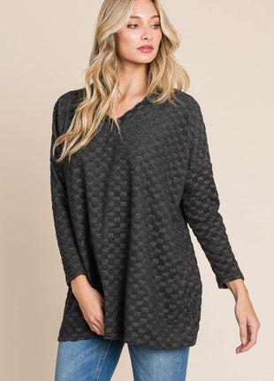 BOMBOM Checkered Long Sleeve V-Neck T-Shirt - MimiStylez