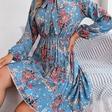 Pleated Printed Tie Neck Long Sleeve Dress - MimiStylez