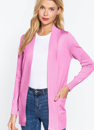 ACTIVE BASIC Ribbed Trim Open Front Cardigan - MimiStylez