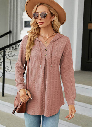 Decorative Button Drawstring Long Sleeve Hoodie - MimiStylez