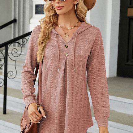 Decorative Button Drawstring Long Sleeve Hoodie - MimiStylez