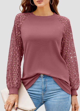 Full Size Eyelet Round Neck Long Sleeve T-Shirt - MimiStylez