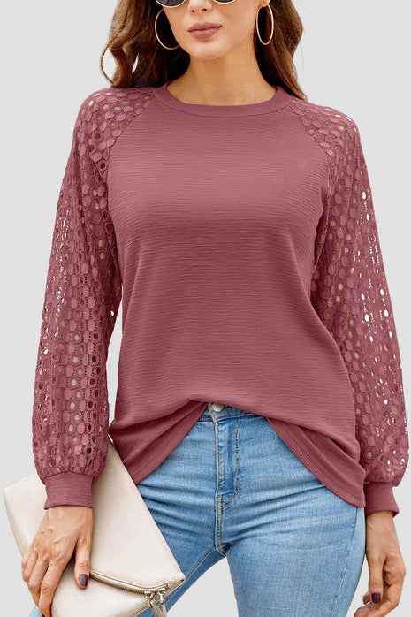 Full Size Eyelet Round Neck Long Sleeve T-Shirt - MimiStylez