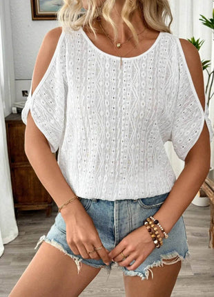 Eyelet Cold Shoulder Round Neck Blouse - MimiStylez