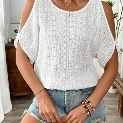 Eyelet Cold Shoulder Round Neck Blouse - MimiStylez