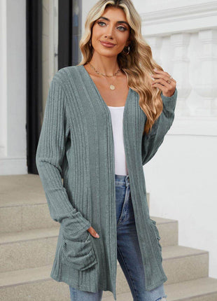 Pocketed Open Front Long Sleeve Cardigan - MimiStylez