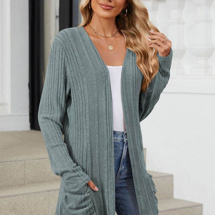 Pocketed Open Front Long Sleeve Cardigan - MimiStylez