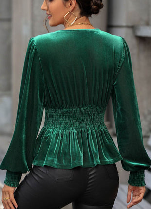 Smocked Surplice Lantern Sleeve Peplum Blouse - MimiStylez