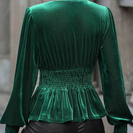 Smocked Surplice Lantern Sleeve Peplum Blouse - MimiStylez
