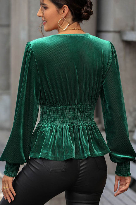 Smocked Surplice Lantern Sleeve Peplum Blouse - MimiStylez