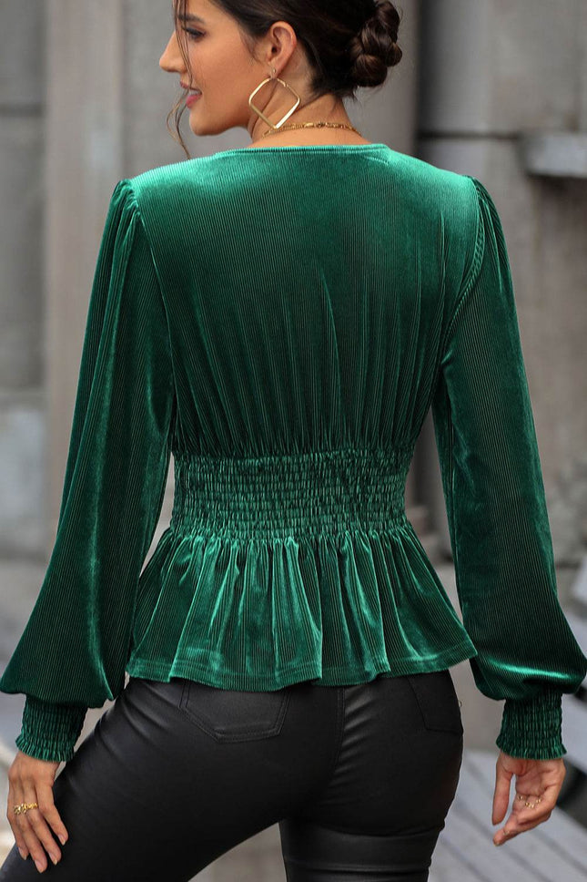 Smocked Surplice Lantern Sleeve Peplum Blouse - MimiStylez