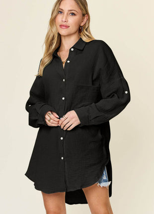 Double Take Full Size Pocketed Texture Button Up Shirt - MimiStylez