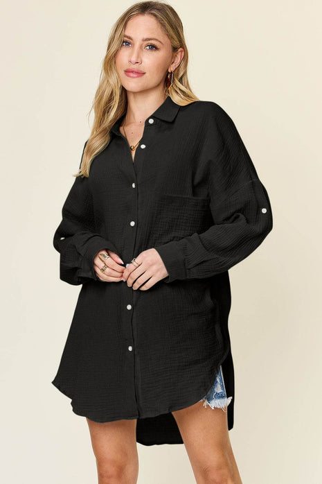 Double Take Full Size Pocketed Texture Button Up Shirt - MimiStylez