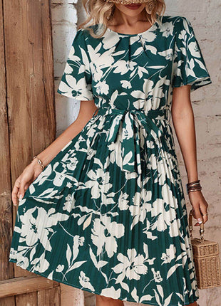 Floral Round Neck Tie Belt Pleated Dress - MimiStylez
