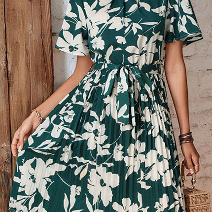 Floral Round Neck Tie Belt Pleated Dress - MimiStylez