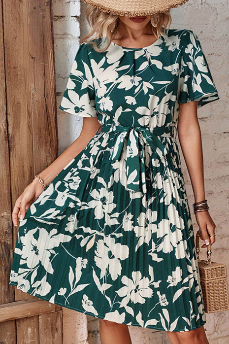 Floral Round Neck Tie Belt Pleated Dress - MimiStylez