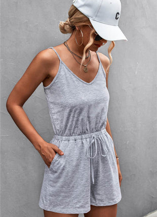 Spaghetti Strap V-Neck Pocket Romper - MimiStylez