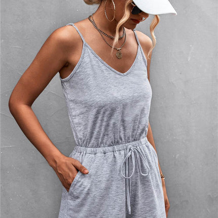 Spaghetti Strap V-Neck Pocket Romper - MimiStylez