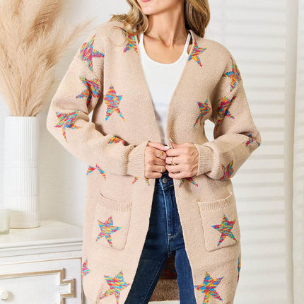 Star Pattern Open Front Longline Cardigan - MimiStylez