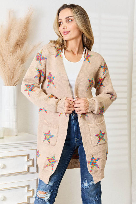 Star Pattern Open Front Longline Cardigan - MimiStylez