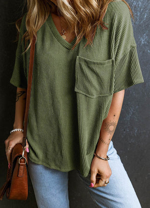 Textured V-Neck Dropped Shoulder T-Shirt - MimiStylez