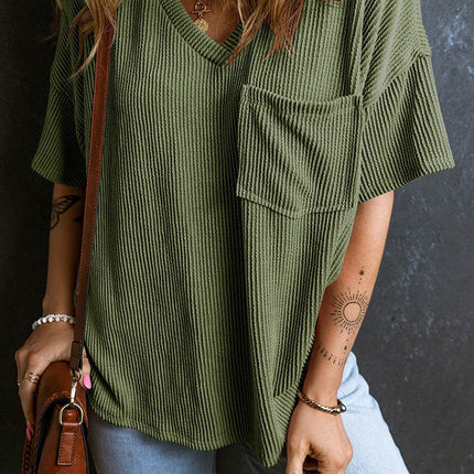 Textured V-Neck Dropped Shoulder T-Shirt - MimiStylez