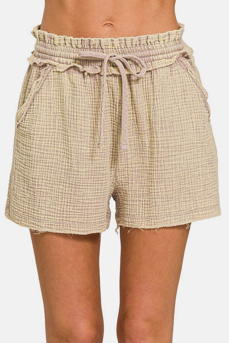 Zenana Washed Frayed Hem Drawstring Shorts - MimiStylez