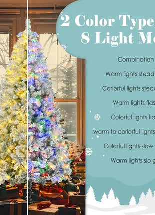 6FT Snow Flocked Christmas Tree  Pre Lit Set With Tree Garland & Wreath, Artificial Hinged Xmas Tree With Colorful LED Lights8 Lighting Modes, Pine Cones