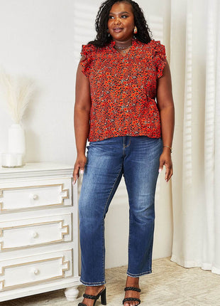 Double Take Floral Flutter Sleeve Notched Neck Blouse - MimiStylez