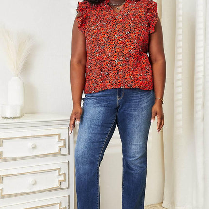 Double Take Floral Flutter Sleeve Notched Neck Blouse - MimiStylez