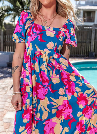 Printed Square Neck Short Sleeve Midi Dress - MimiStylez