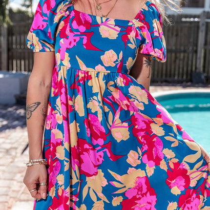 Printed Square Neck Short Sleeve Midi Dress - MimiStylez