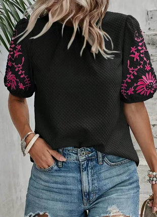 Embroidered Round Neck Short Sleeve Blouse - MimiStylez