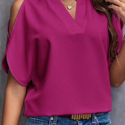 Notched Cold Shoulder Blouse - MimiStylez