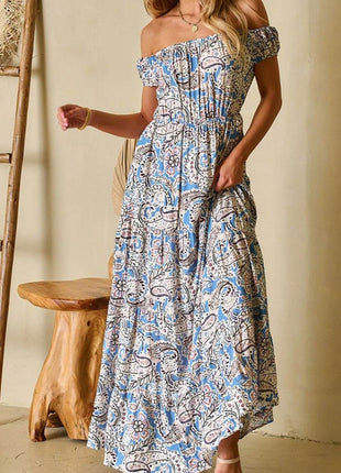Boho Paisley Print Off Shoulder Maxi Dress - MimiStylez
