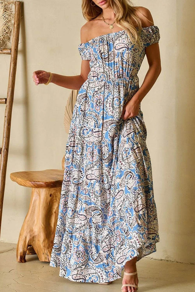 Boho Paisley Print Off Shoulder Maxi Dress - MimiStylez