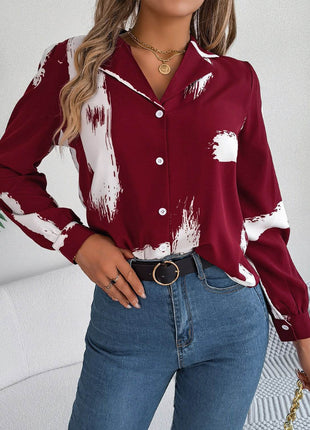 Printed Collared Neck Button Up Shirt - MimiStylez