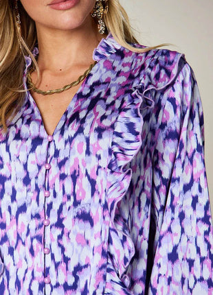 Double Take Full Size Printed Ruffle Trim Balloon Sleeve Shirt - MimiStylez