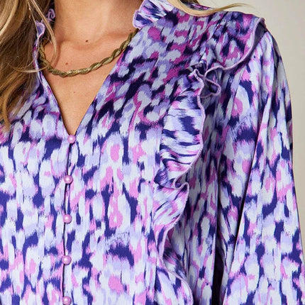 Double Take Full Size Printed Ruffle Trim Balloon Sleeve Shirt - MimiStylez