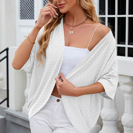 Eyelet Open Front Half Sleeve Cardigan - MimiStylez