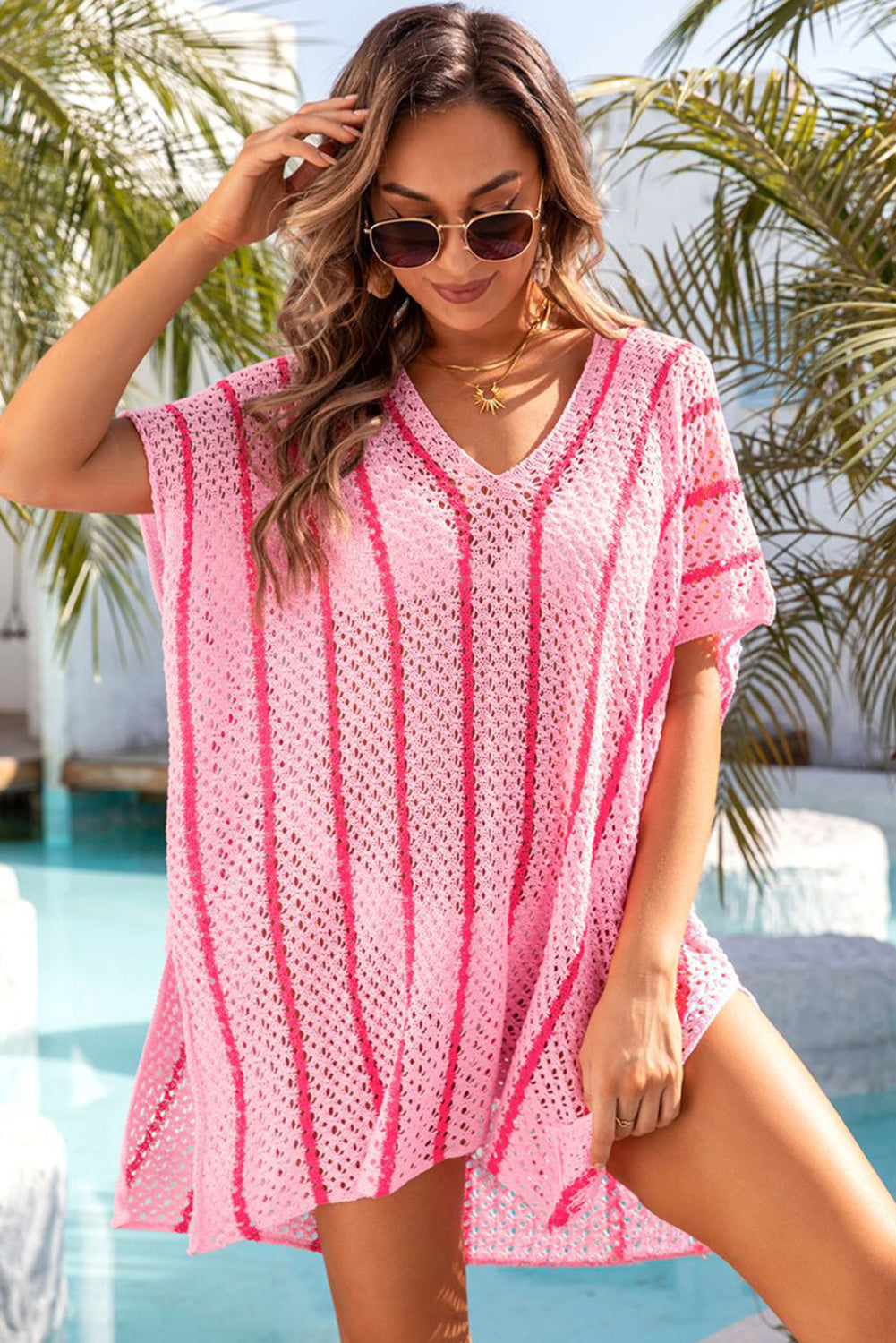 Black Striped Crochet Loose Fit V Neck Beach Cover Up