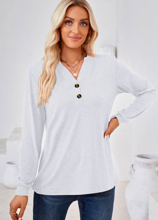 V-Neck Buttoned Long Sleeve Blouse - MimiStylez