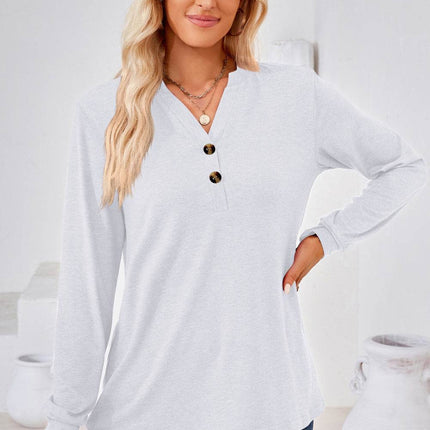 V-Neck Buttoned Long Sleeve Blouse - MimiStylez