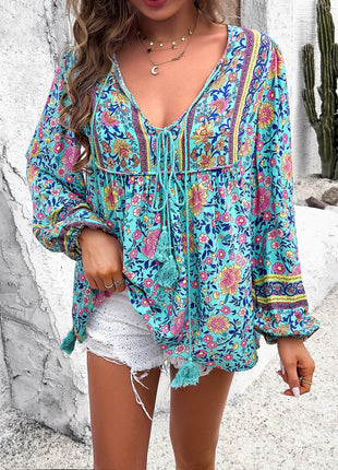 Printed Tie Neck Long Sleeve Blouse - MimiStylez