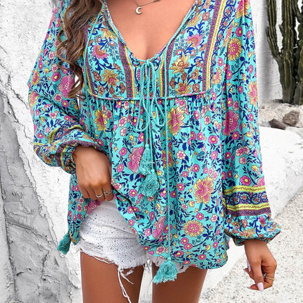 Printed Tie Neck Long Sleeve Blouse - MimiStylez